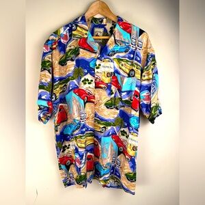 Island Collection Hawaiian Corvette Car Route 66 Button Up Rayon Shirt Size L